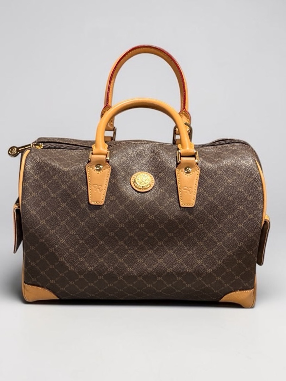 Rioni Moda Italia Boston Handbag Satchel Large Coated Canvas Zip Top Purse